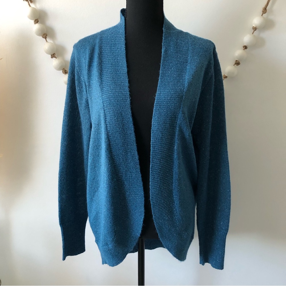 Massini Blue Metallic Knit Cocoon Cardigan Sweater Women's Large